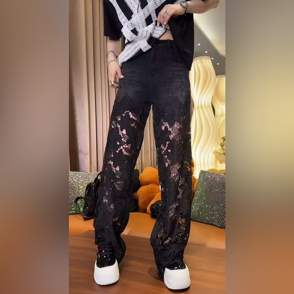 Black Lace Floral Pants